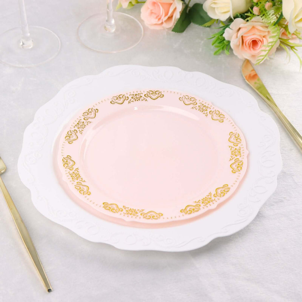 10 - Pack Plastic 7.5" Round Appetizer Plates in Blush with Gold Embossed Scalloped Edge - Chic Disposable Salad Plates for Special Occasions & Banquets - Bell Racket Store