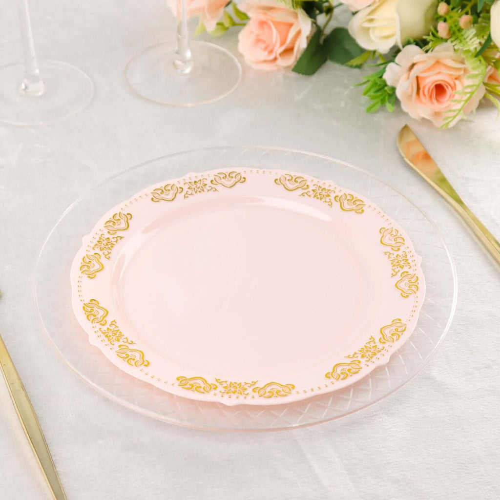 10 - Pack Plastic 7.5" Round Appetizer Plates in Blush with Gold Embossed Scalloped Edge - Chic Disposable Salad Plates for Special Occasions & Banquets - Bell Racket Store