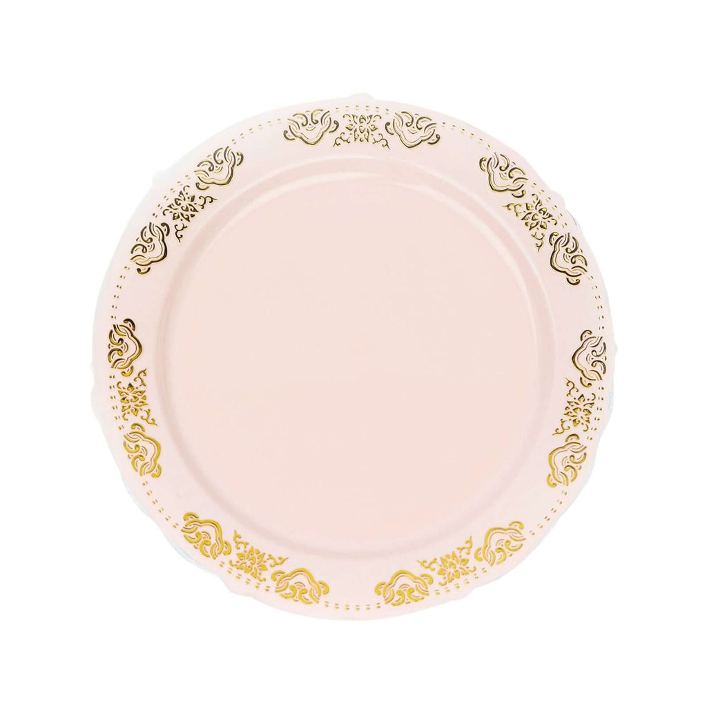 10 - Pack Plastic 7.5" Round Appetizer Plates in Blush with Gold Embossed Scalloped Edge - Chic Disposable Salad Plates for Special Occasions & Banquets - Bell Racket Store