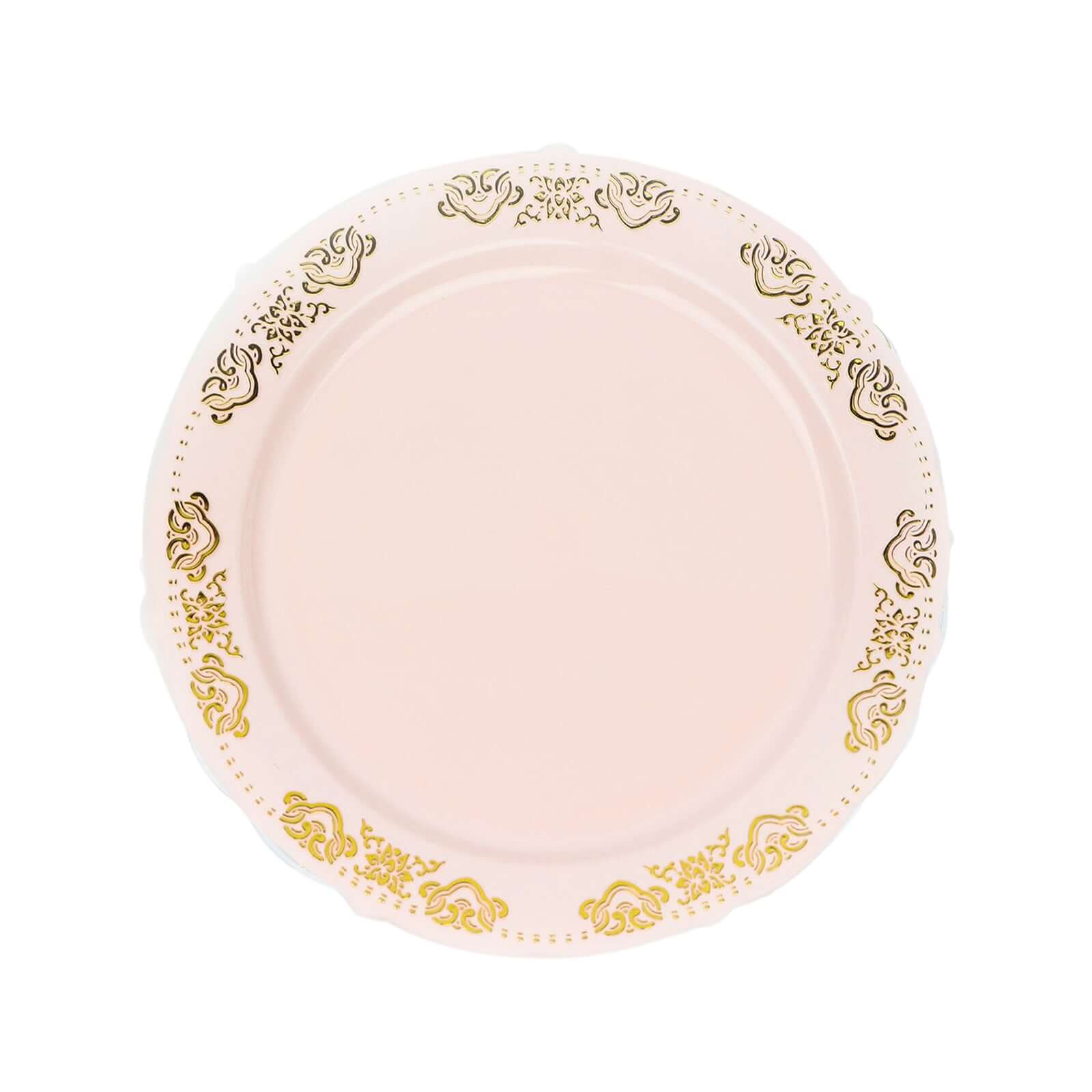 10 - Pack Plastic 7.5" Round Appetizer Plates in Blush with Gold Embossed Scalloped Edge - Chic Disposable Salad Plates for Special Occasions & Banquets - Bell Racket Store