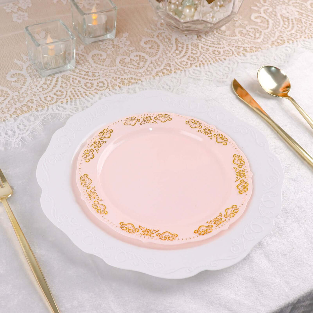 10 - Pack Plastic 7.5" Round Appetizer Plates in Blush with Gold Embossed Scalloped Edge - Chic Disposable Salad Plates for Special Occasions & Banquets - Bell Racket Store