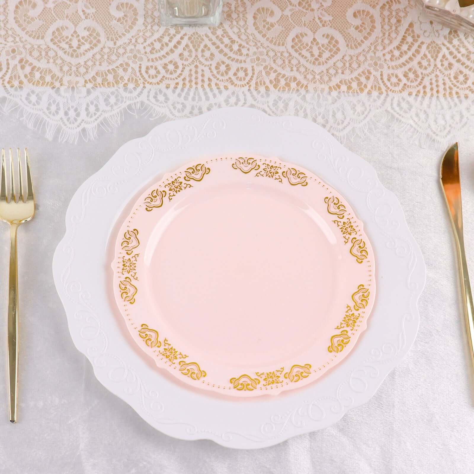 10 - Pack Plastic 7.5" Round Appetizer Plates in Blush with Gold Embossed Scalloped Edge - Chic Disposable Salad Plates for Special Occasions & Banquets - Bell Racket Store