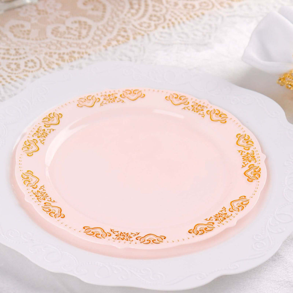 10 - Pack Plastic 7.5" Round Appetizer Plates in Blush with Gold Embossed Scalloped Edge - Chic Disposable Salad Plates for Special Occasions & Banquets - Bell Racket Store