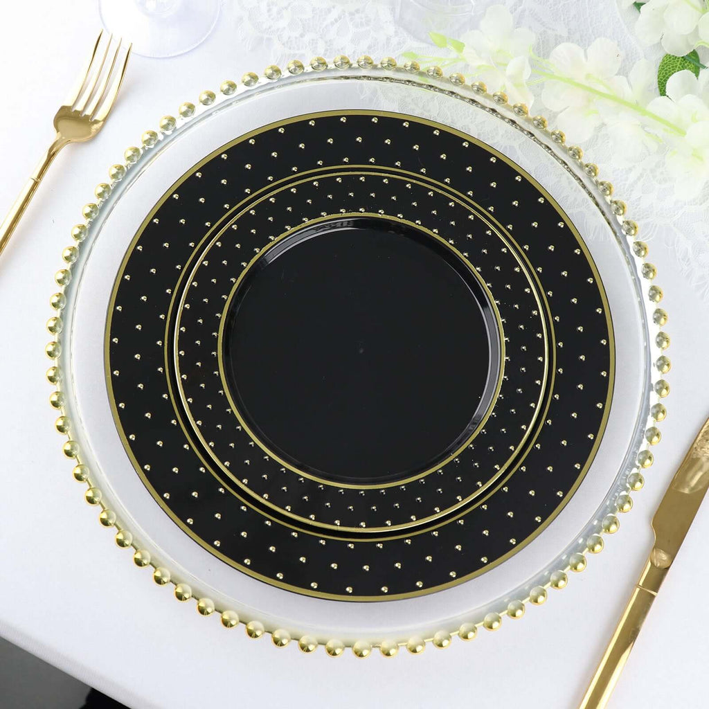 10 - Pack Plastic 7.5" Round Dessert Plates in Black with Gold 3D Polka Dotted Rim - Durable Disposable Appetizer Salad Plates for Modern Themed Events & Banquets - Bell Racket Store