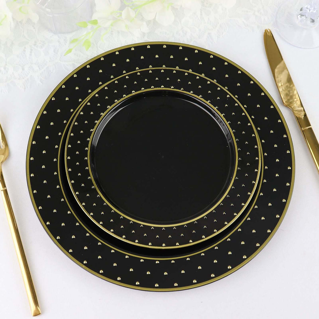 10 - Pack Plastic 7.5" Round Dessert Plates in Black with Gold 3D Polka Dotted Rim - Durable Disposable Appetizer Salad Plates for Modern Themed Events & Banquets - Bell Racket Store