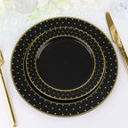 10 - Pack Plastic 7.5" Round Dessert Plates in Black with Gold 3D Polka Dotted Rim - Durable Disposable Appetizer Salad Plates for Modern Themed Events & Banquets - Bell Racket Store