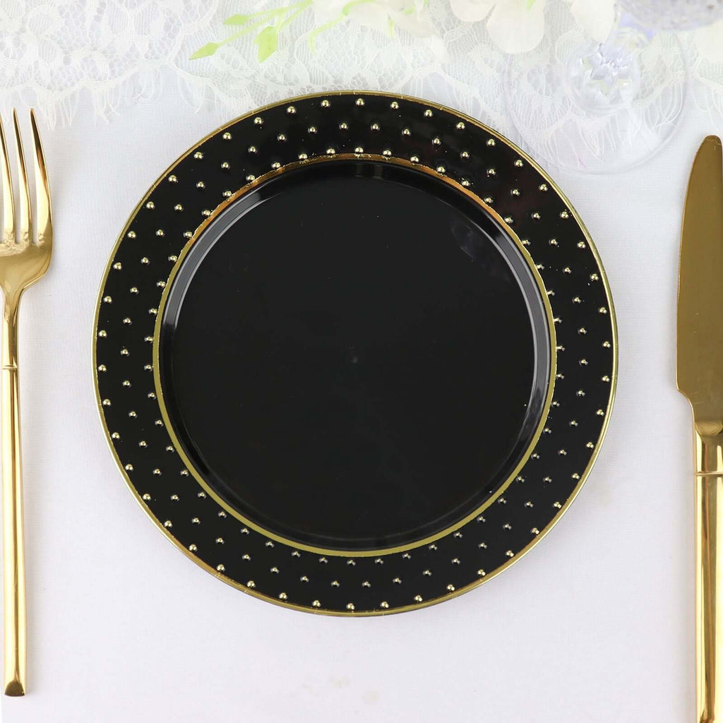 10 - Pack Plastic 7.5" Round Dessert Plates in Black with Gold 3D Polka Dotted Rim - Durable Disposable Appetizer Salad Plates for Modern Themed Events & Banquets - Bell Racket Store