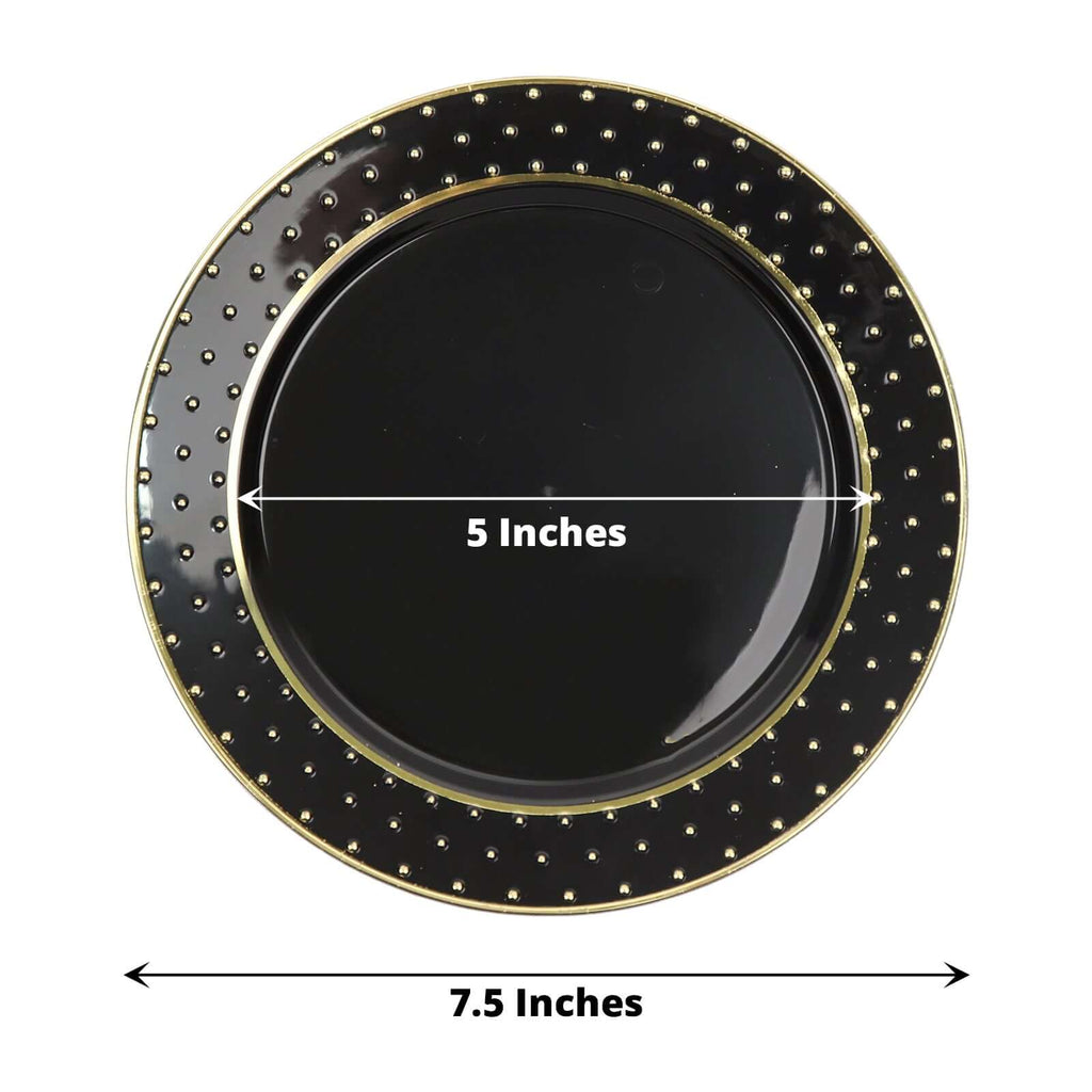 10 - Pack Plastic 7.5" Round Dessert Plates in Black with Gold 3D Polka Dotted Rim - Durable Disposable Appetizer Salad Plates for Modern Themed Events & Banquets - Bell Racket Store