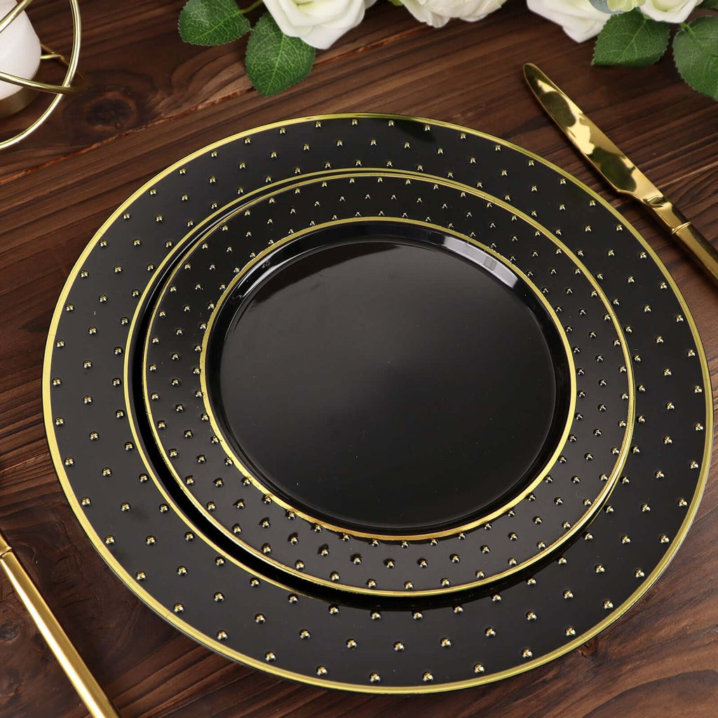 10 - Pack Plastic 7.5" Round Dessert Plates in Black with Gold 3D Polka Dotted Rim - Durable Disposable Appetizer Salad Plates for Modern Themed Events & Banquets - Bell Racket Store