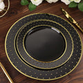 10 - Pack Plastic 7.5" Round Dessert Plates in Black with Gold 3D Polka Dotted Rim - Durable Disposable Appetizer Salad Plates for Modern Themed Events & Banquets - Bell Racket Store