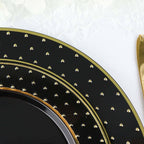 10 - Pack Plastic 7.5" Round Dessert Plates in Black with Gold 3D Polka Dotted Rim - Durable Disposable Appetizer Salad Plates for Modern Themed Events & Banquets - Bell Racket Store