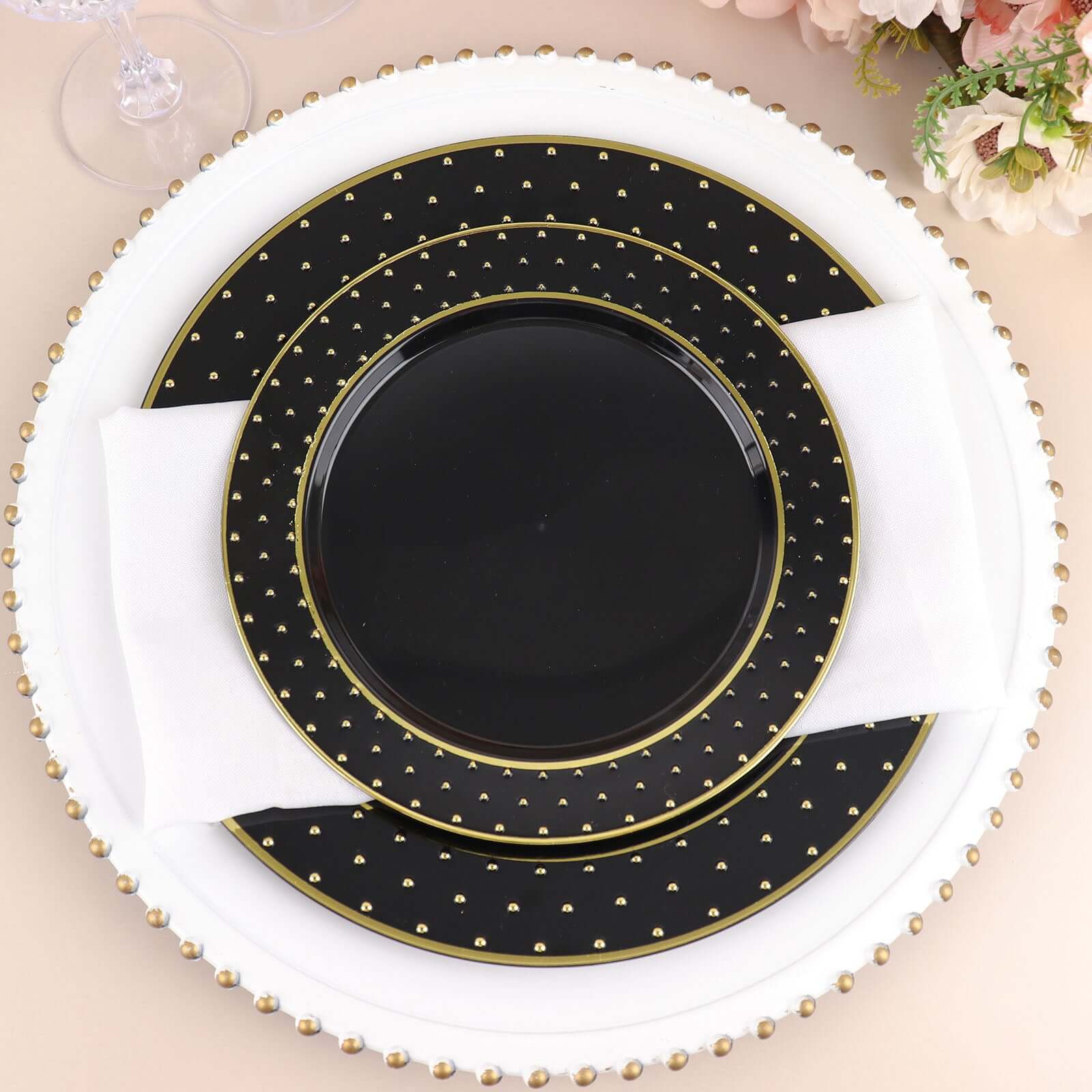 10 - Pack Plastic 7.5" Round Dessert Plates in Black with Gold 3D Polka Dotted Rim - Durable Disposable Appetizer Salad Plates for Modern Themed Events & Banquets - Bell Racket Store