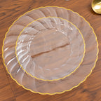 10 - Pack Plastic 7.5" Round Salad Dessert Plates in Clear with Gold Flair Rim - Disposable Party Plates for Upscale Banquets & Special Occasions - Bell Racket Store