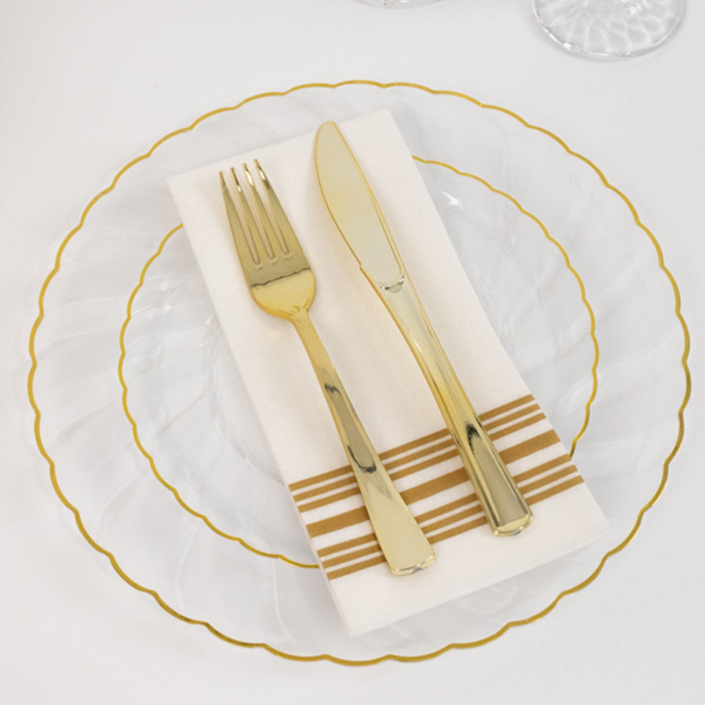 10 - Pack Plastic 7.5" Round Salad Dessert Plates in Clear with Gold Flair Rim - Disposable Party Plates for Upscale Banquets & Special Occasions - Bell Racket Store