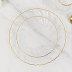 10 - Pack Plastic 7.5" Round Salad Dessert Plates in Clear with Gold Flair Rim - Disposable Party Plates for Upscale Banquets & Special Occasions - Bell Racket Store