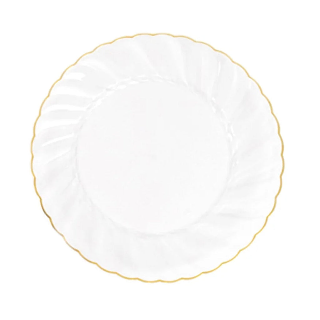 10 - Pack Plastic 7.5" Round Salad Dessert Plates in Clear with Gold Flair Rim - Disposable Party Plates for Upscale Banquets & Special Occasions - Bell Racket Store