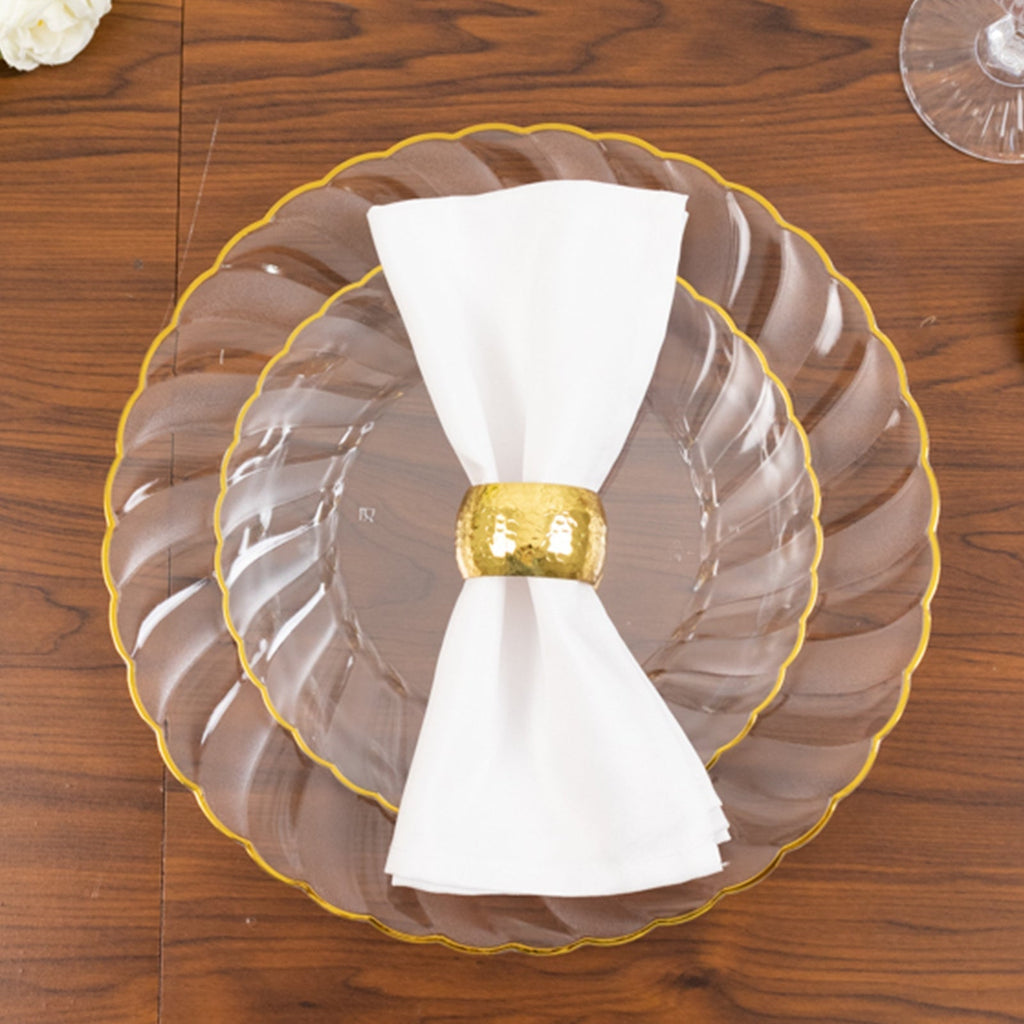 10 - Pack Plastic 7.5" Round Salad Dessert Plates in Clear with Gold Flair Rim - Disposable Party Plates for Upscale Banquets & Special Occasions - Bell Racket Store