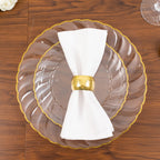 10 - Pack Plastic 7.5" Round Salad Dessert Plates in Clear with Gold Flair Rim - Disposable Party Plates for Upscale Banquets & Special Occasions - Bell Racket Store
