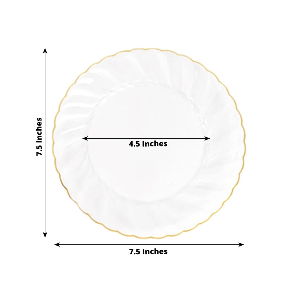 10 - Pack Plastic 7.5" Round Salad Dessert Plates in Clear with Gold Flair Rim - Disposable Party Plates for Upscale Banquets & Special Occasions - Bell Racket Store