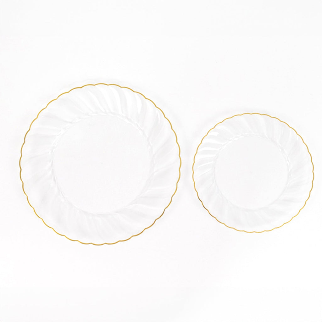 10 - Pack Plastic 7.5" Round Salad Dessert Plates in Clear with Gold Flair Rim - Disposable Party Plates for Upscale Banquets & Special Occasions - Bell Racket Store