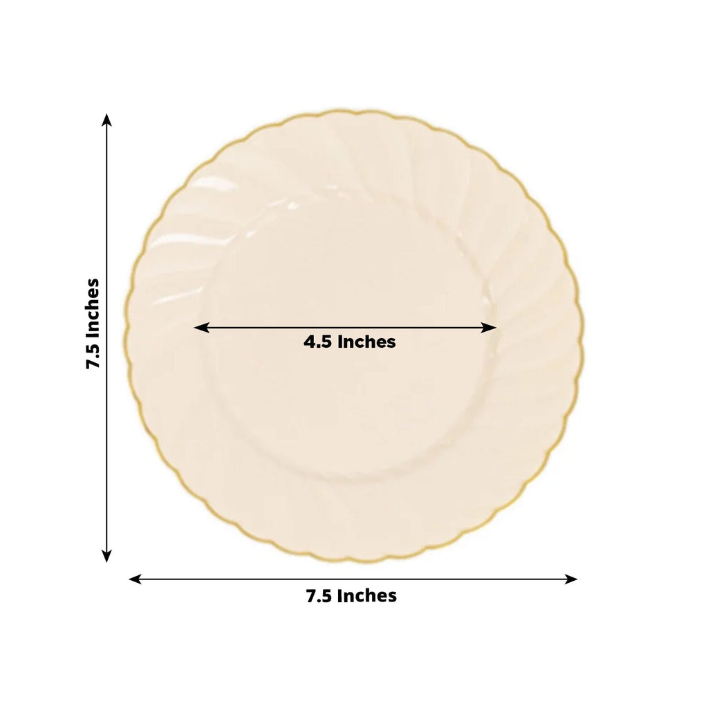 10 - Pack Plastic 7.5" Round Salad Dessert Plates in Ivory with Gold Flair Rim - Disposable Party Plates - Bell Racket Store