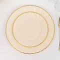 10 - Pack Plastic 7.5" Round Salad Dessert Plates in Ivory with Gold Flair Rim - Disposable Party Plates - Bell Racket Store