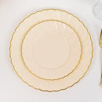 10 - Pack Plastic 7.5" Round Salad Dessert Plates in Ivory with Gold Flair Rim - Disposable Party Plates - Bell Racket Store