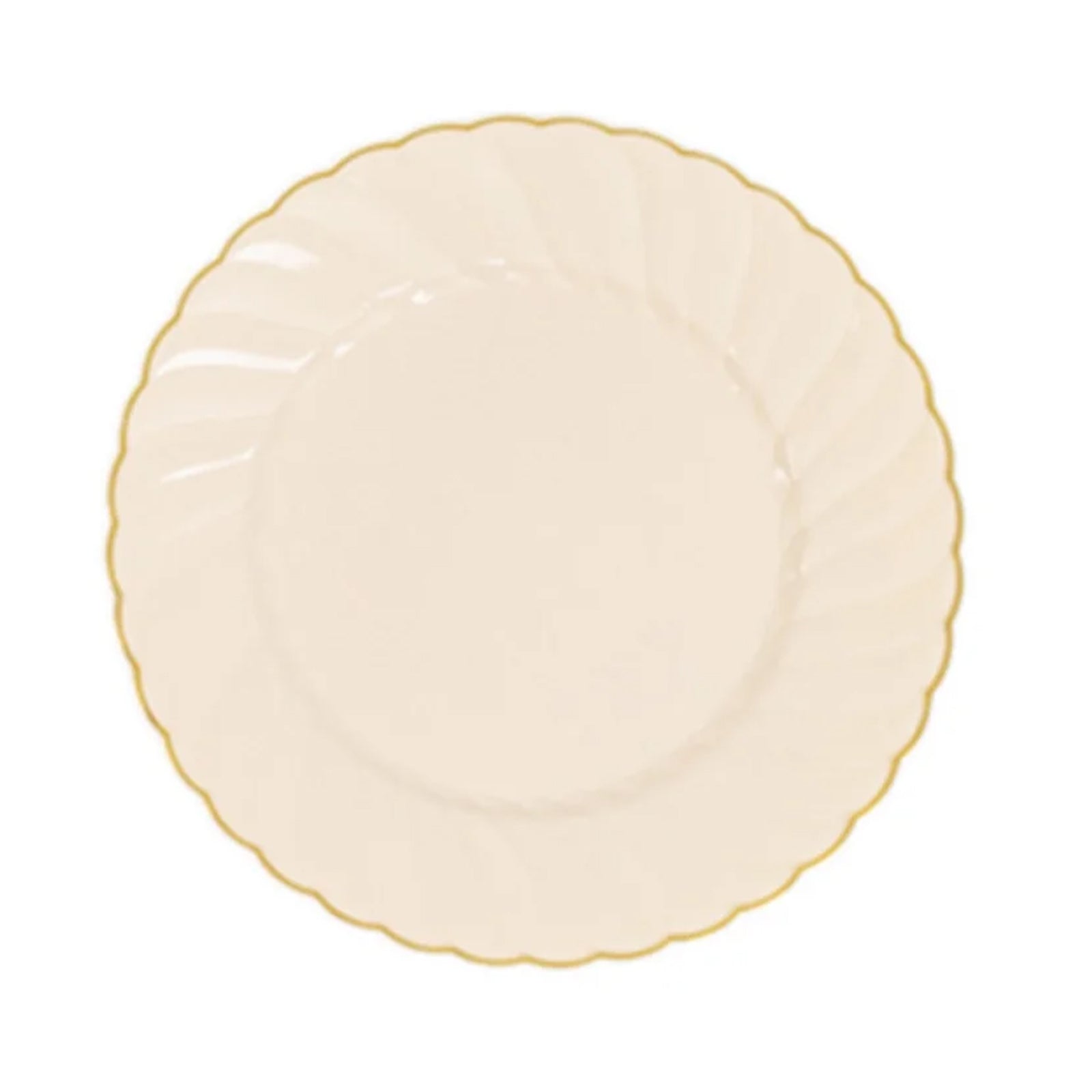 10 - Pack Plastic 7.5" Round Salad Dessert Plates in Ivory with Gold Flair Rim - Disposable Party Plates - Bell Racket Store