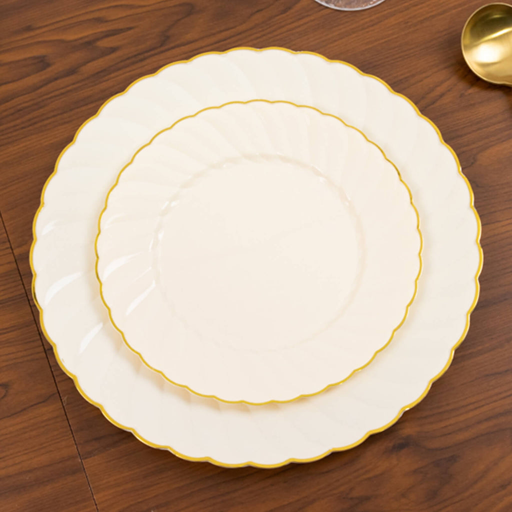 10 - Pack Plastic 7.5" Round Salad Dessert Plates in Ivory with Gold Flair Rim - Disposable Party Plates - Bell Racket Store