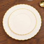 10 - Pack Plastic 7.5" Round Salad Dessert Plates in Ivory with Gold Flair Rim - Disposable Party Plates - Bell Racket Store