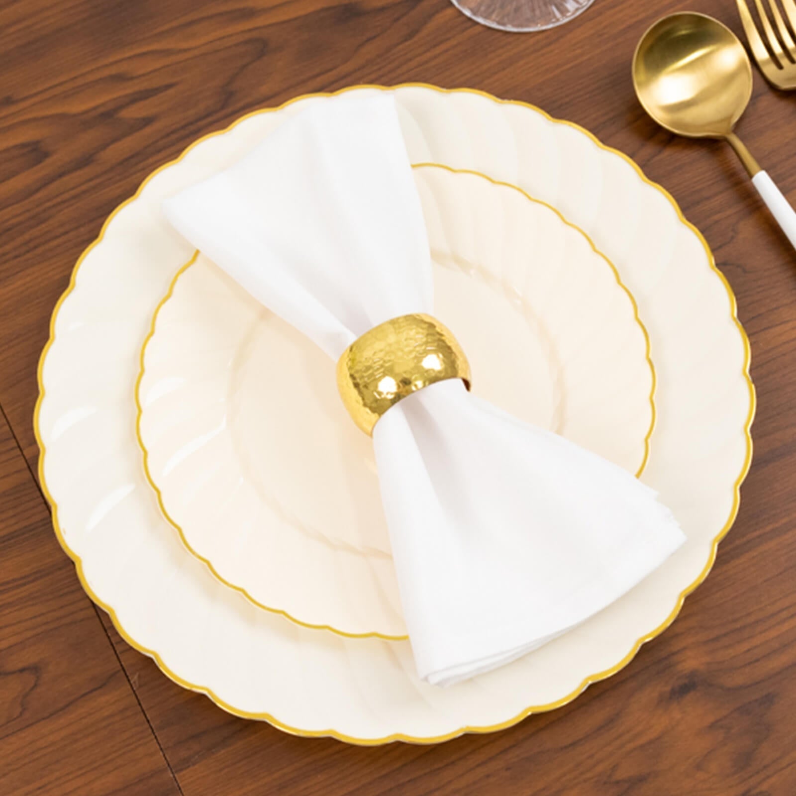 10 - Pack Plastic 7.5" Round Salad Dessert Plates in Ivory with Gold Flair Rim - Disposable Party Plates - Bell Racket Store