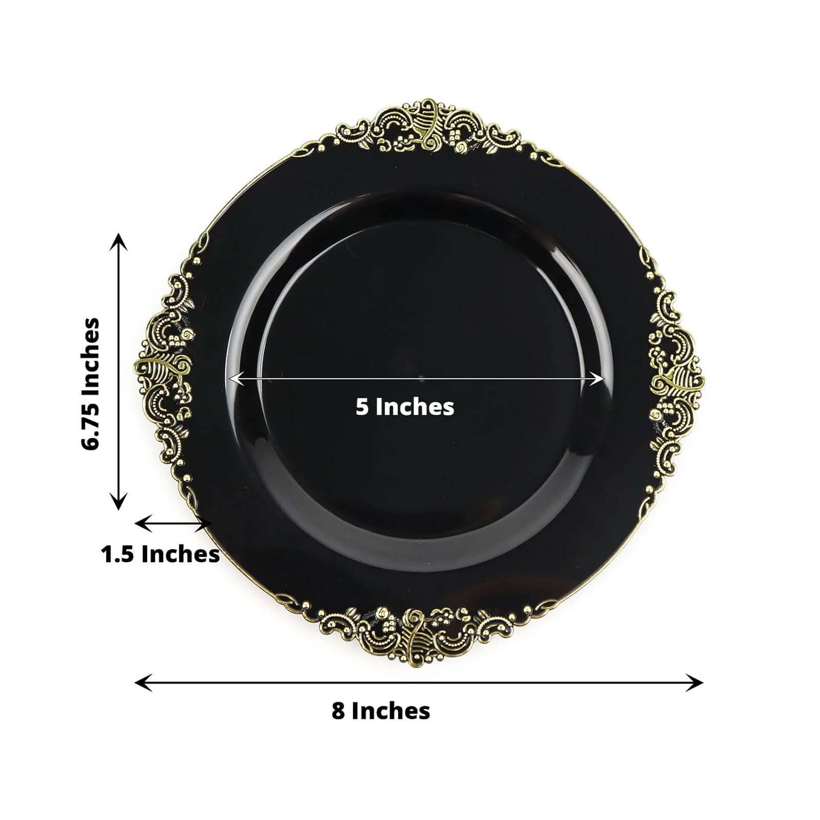 10 - Pack Plastic 8" Round Dessert Plates in Black with Gold Leaf Embossed Rim - Disposable Vintage Baroque Style Salad Plates - Bell Racket Store