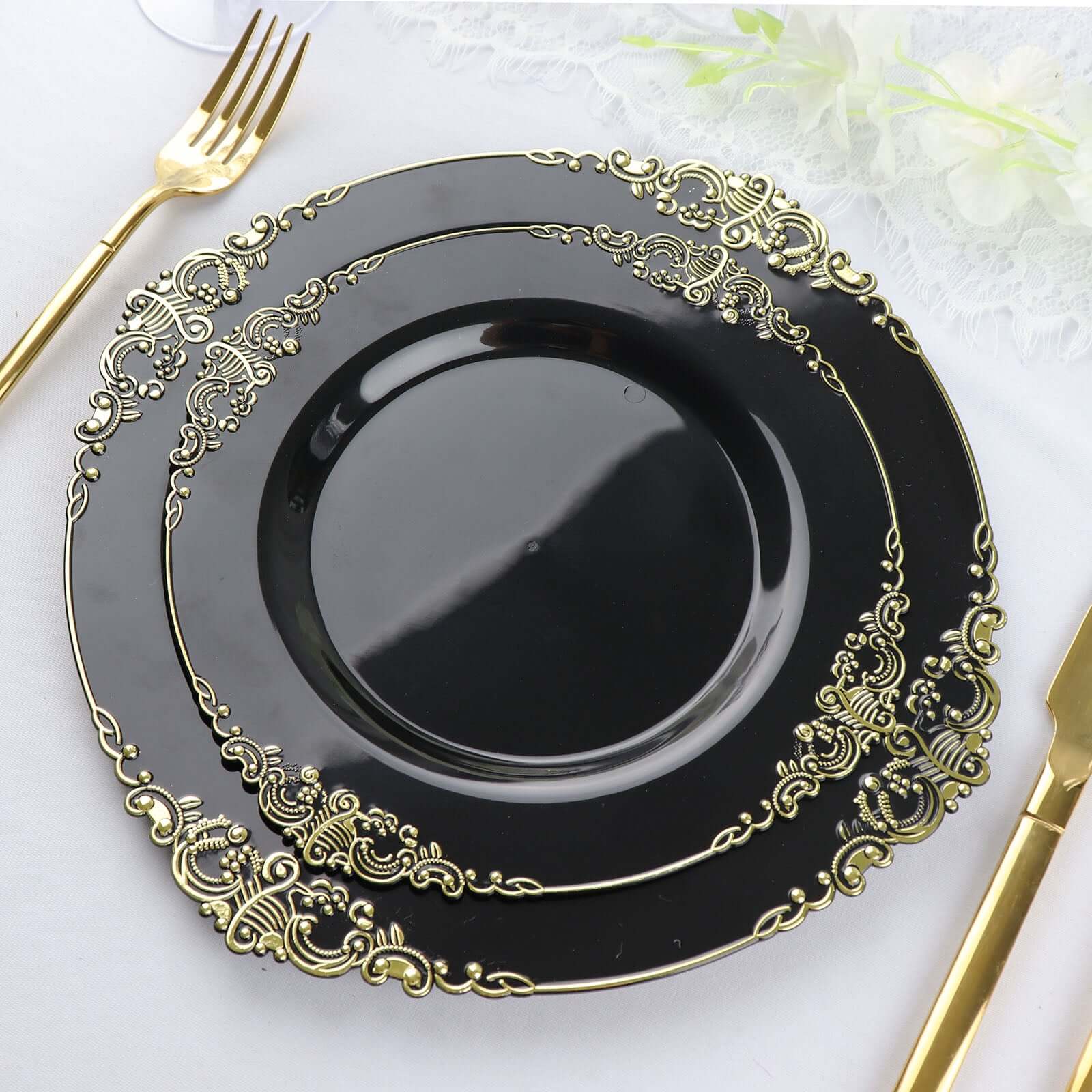 10 - Pack Plastic 8" Round Dessert Plates in Black with Gold Leaf Embossed Rim - Disposable Vintage Baroque Style Salad Plates - Bell Racket Store