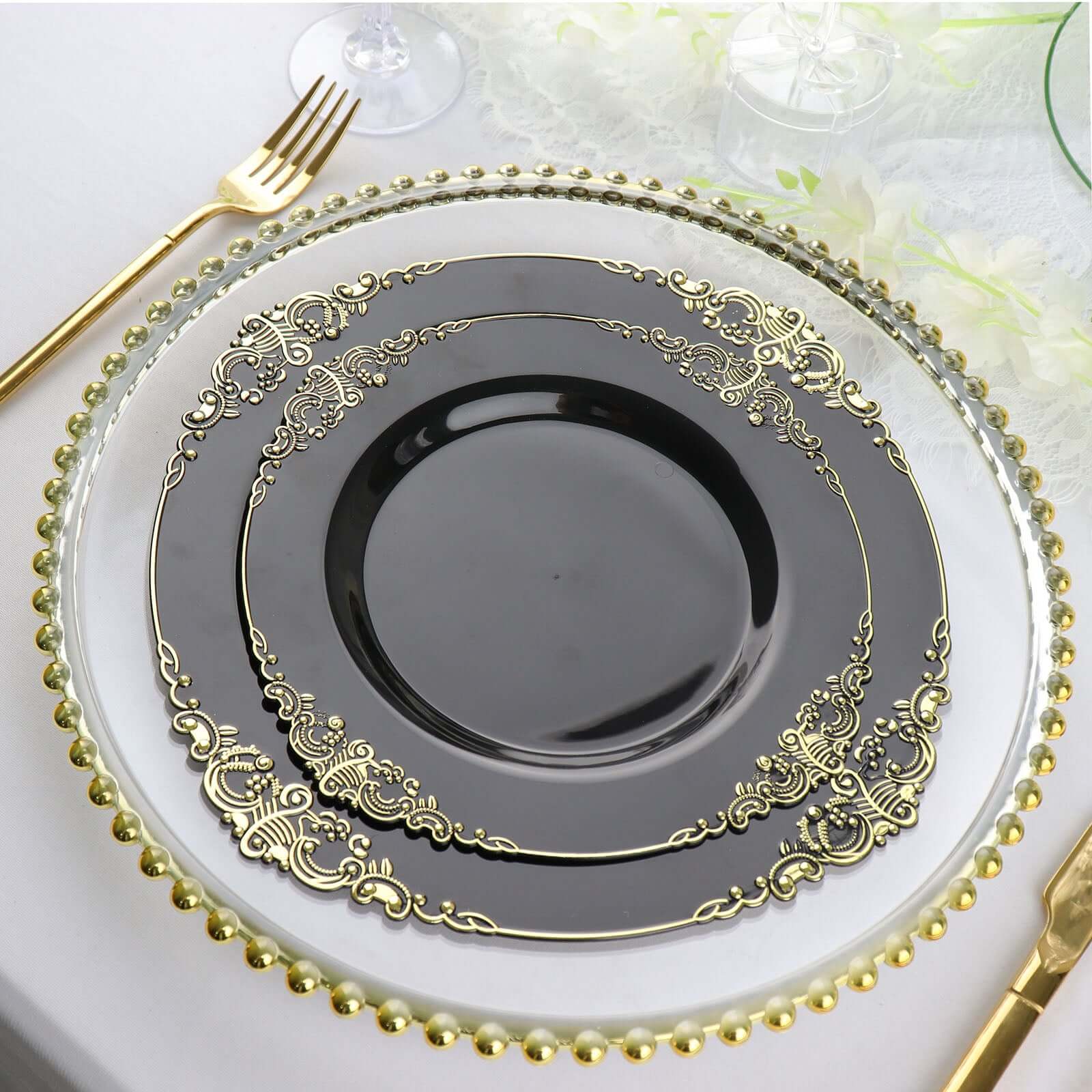 10 - Pack Plastic 8" Round Dessert Plates in Black with Gold Leaf Embossed Rim - Disposable Vintage Baroque Style Salad Plates - Bell Racket Store