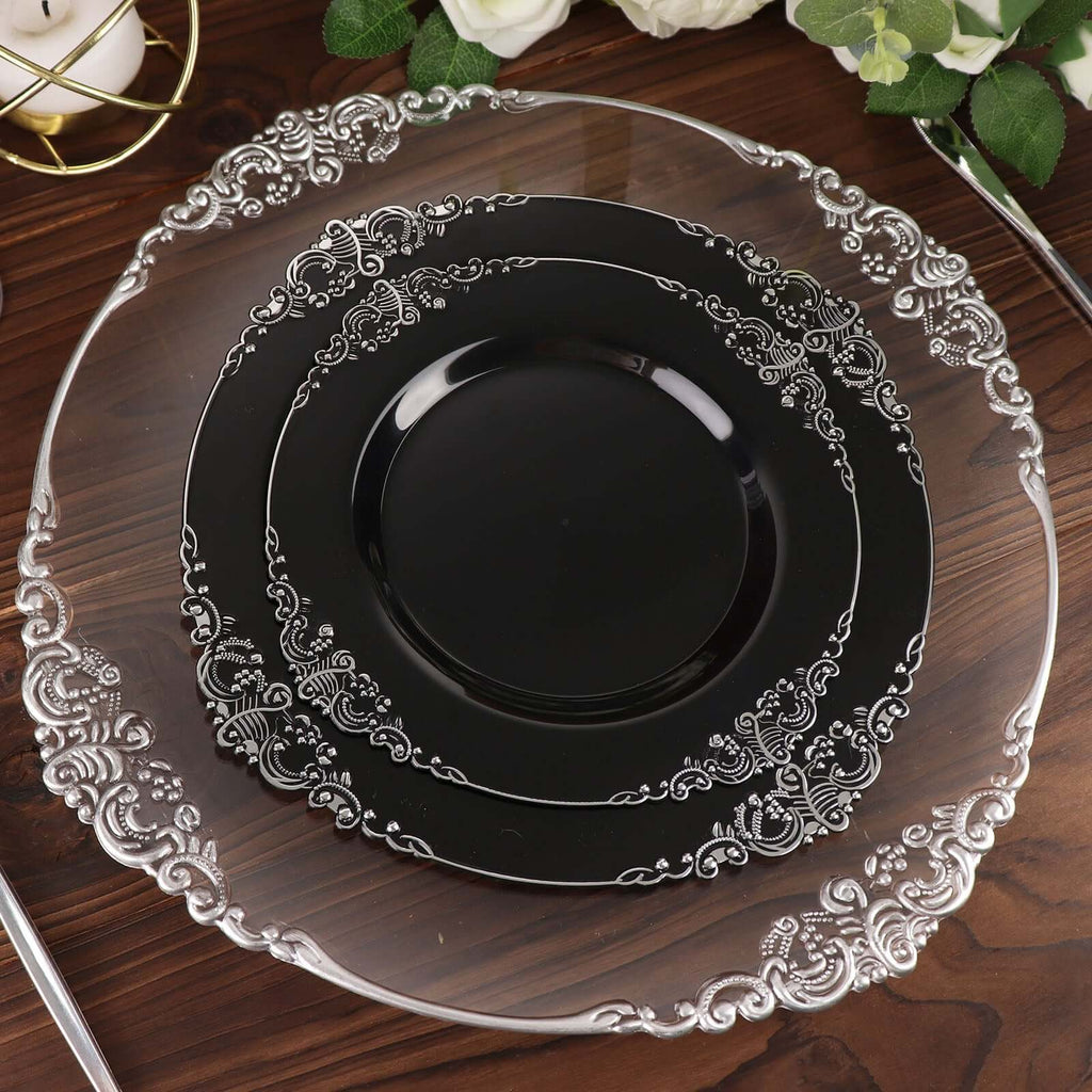 10 - Pack Plastic 8" Round Dessert Plates in Black with Silver Leaf Embossed Rim - Disposable Vintage Baroque Style Salad Plates - Bell Racket Store