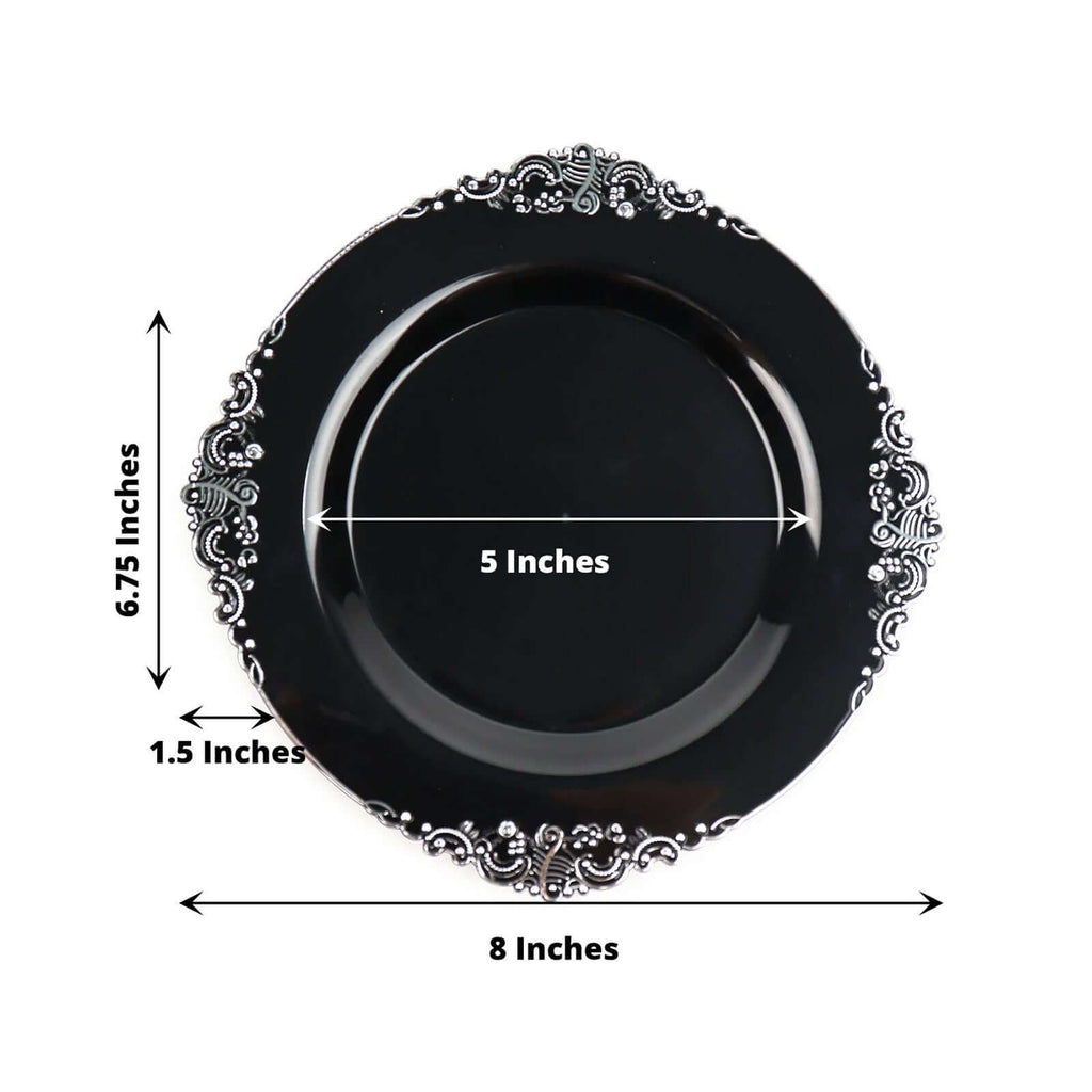 10 - Pack Plastic 8" Round Dessert Plates in Black with Silver Leaf Embossed Rim - Disposable Vintage Baroque Style Salad Plates - Bell Racket Store