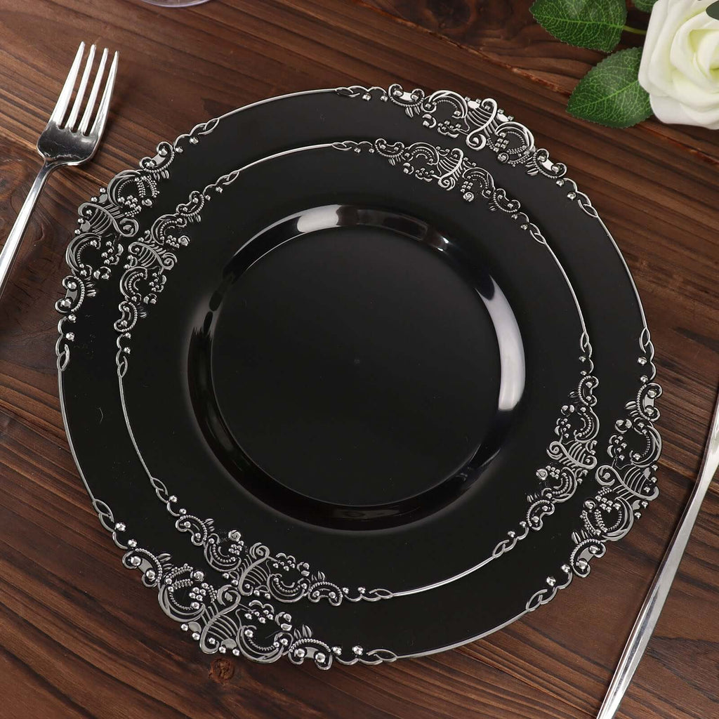 10 - Pack Plastic 8" Round Dessert Plates in Black with Silver Leaf Embossed Rim - Disposable Vintage Baroque Style Salad Plates - Bell Racket Store