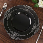 10 - Pack Plastic 8" Round Dessert Plates in Black with Silver Leaf Embossed Rim - Disposable Vintage Baroque Style Salad Plates - Bell Racket Store