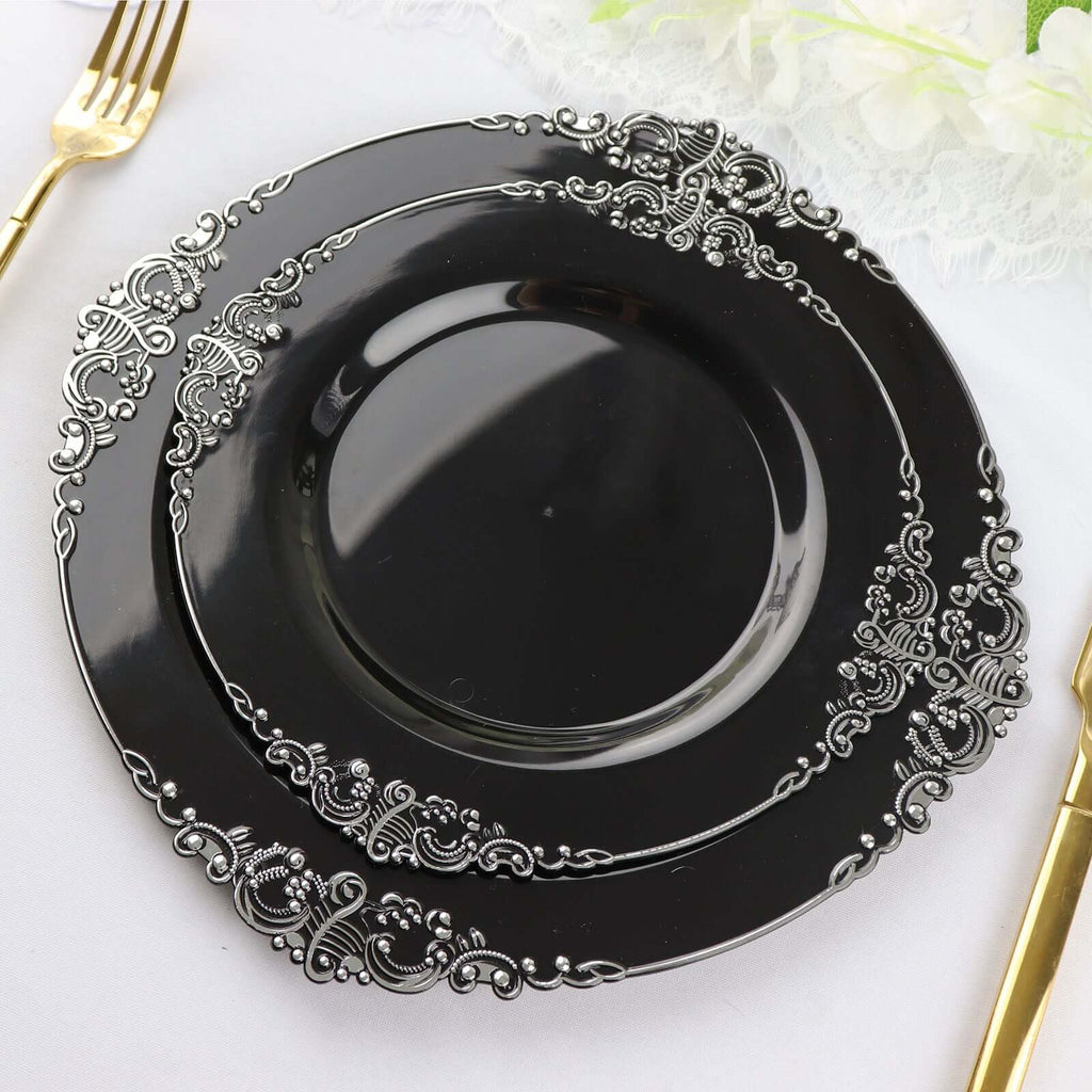 10 - Pack Plastic 8" Round Dessert Plates in Black with Silver Leaf Embossed Rim - Disposable Vintage Baroque Style Salad Plates - Bell Racket Store
