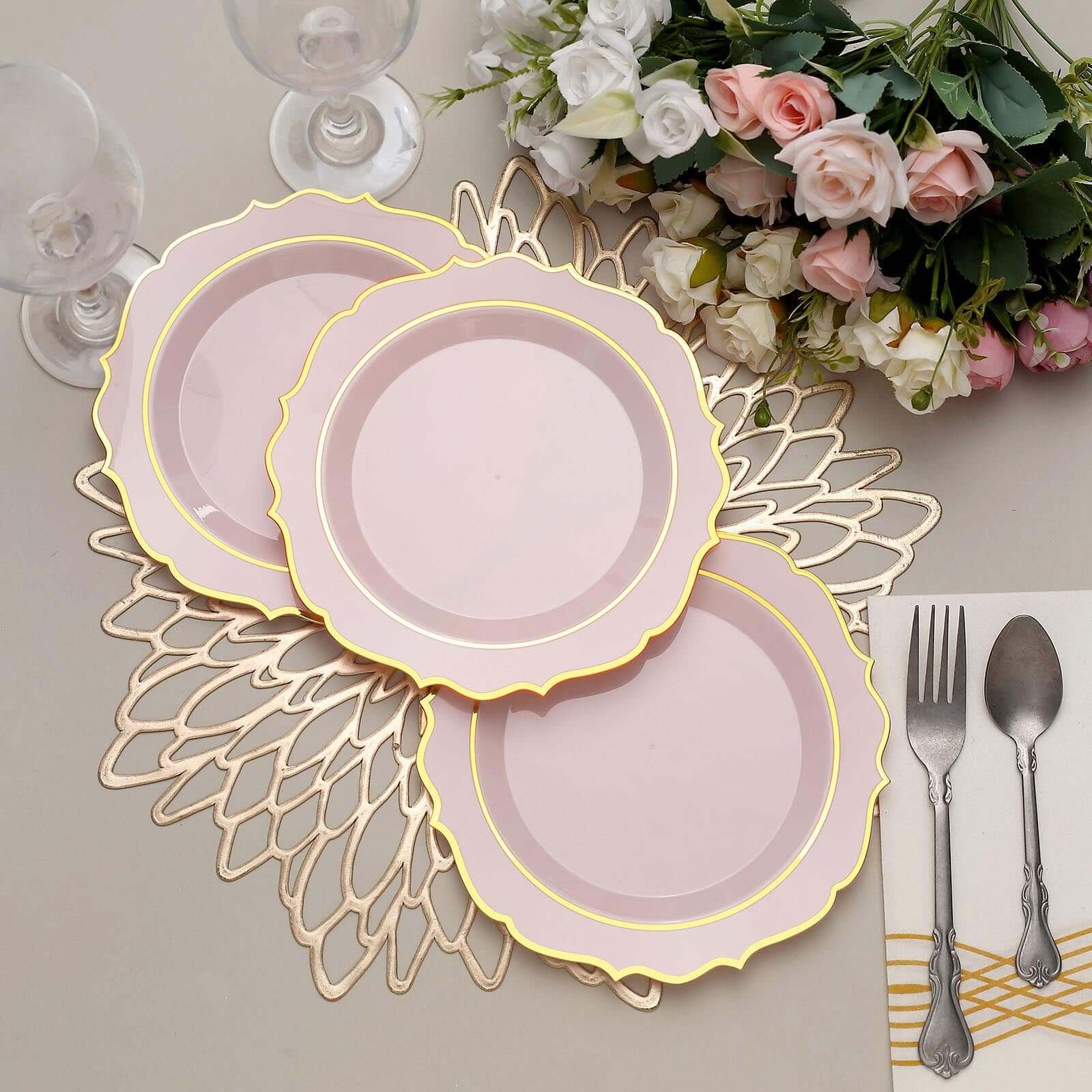 10 - Pack Plastic 8" Round Dessert Plates in Blush with Gold Scalloped Rim - Disposable Appetizer/Salad Plates - Bell Racket Store
