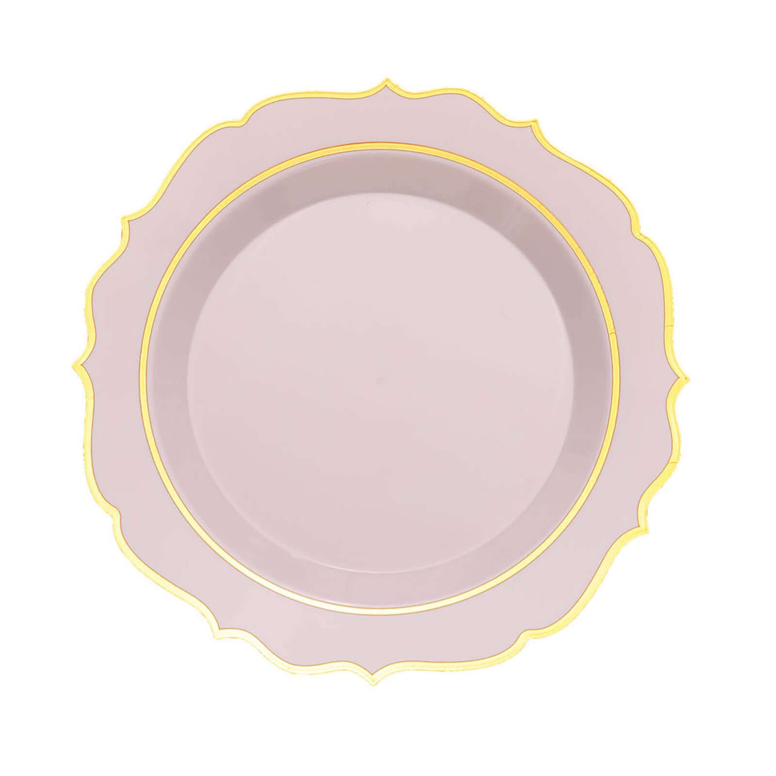 10 - Pack Plastic 8" Round Dessert Plates in Blush with Gold Scalloped Rim - Disposable Appetizer/Salad Plates - Bell Racket Store