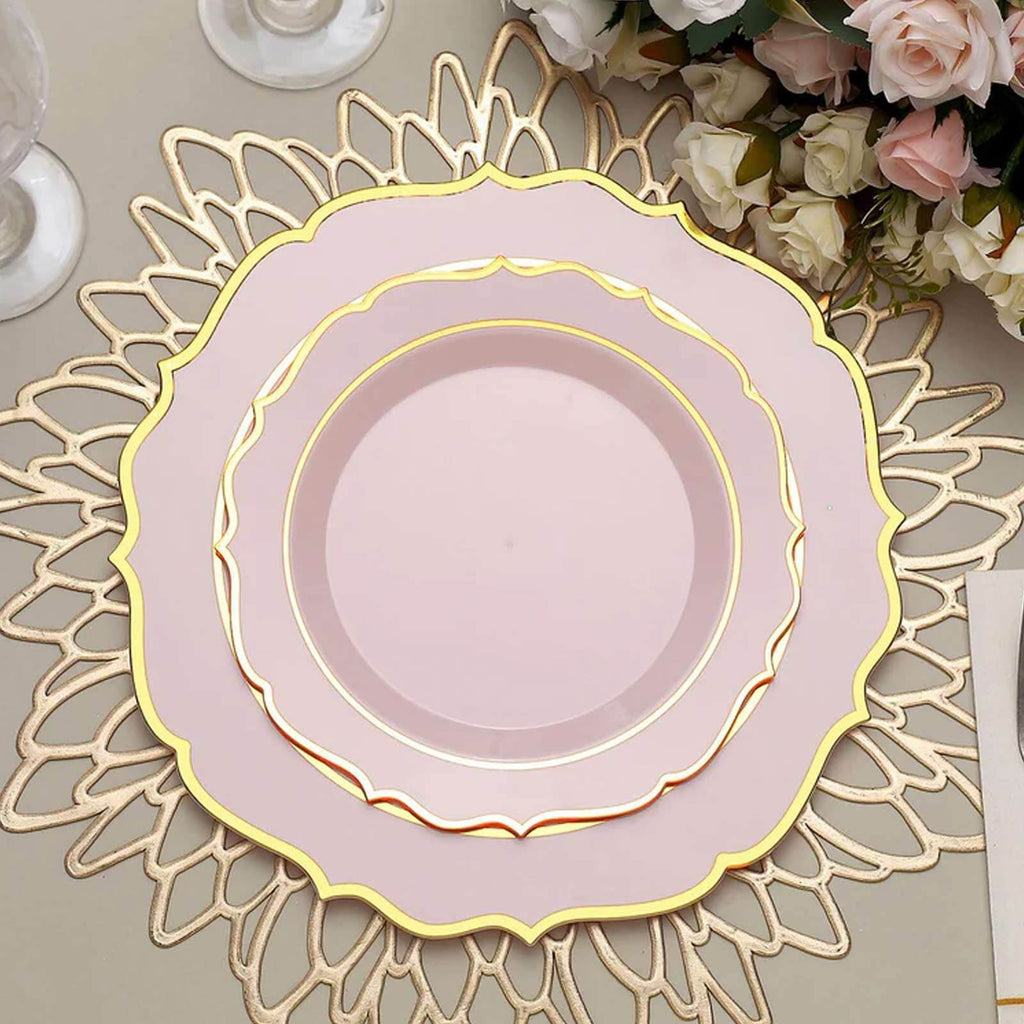 10 - Pack Plastic 8" Round Dessert Plates in Blush with Gold Scalloped Rim - Disposable Appetizer/Salad Plates - Bell Racket Store