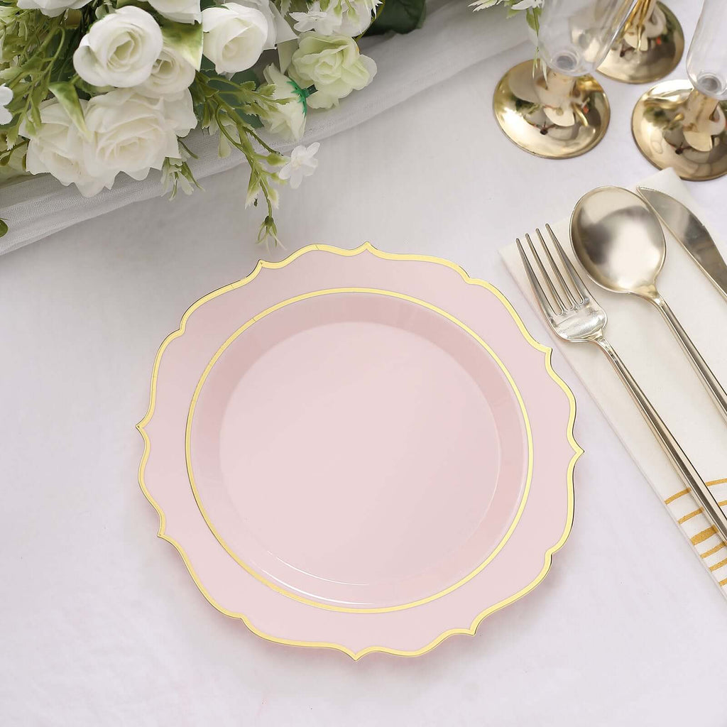 10 - Pack Plastic 8" Round Dessert Plates in Blush with Gold Scalloped Rim - Disposable Appetizer/Salad Plates - Bell Racket Store