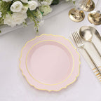 10 - Pack Plastic 8" Round Dessert Plates in Blush with Gold Scalloped Rim - Disposable Appetizer/Salad Plates - Bell Racket Store