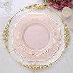 10 - Pack Plastic 8" Round Dessert Plates in Blush with Gold Scalloped Rim - Disposable Appetizer/Salad Plates - Bell Racket Store
