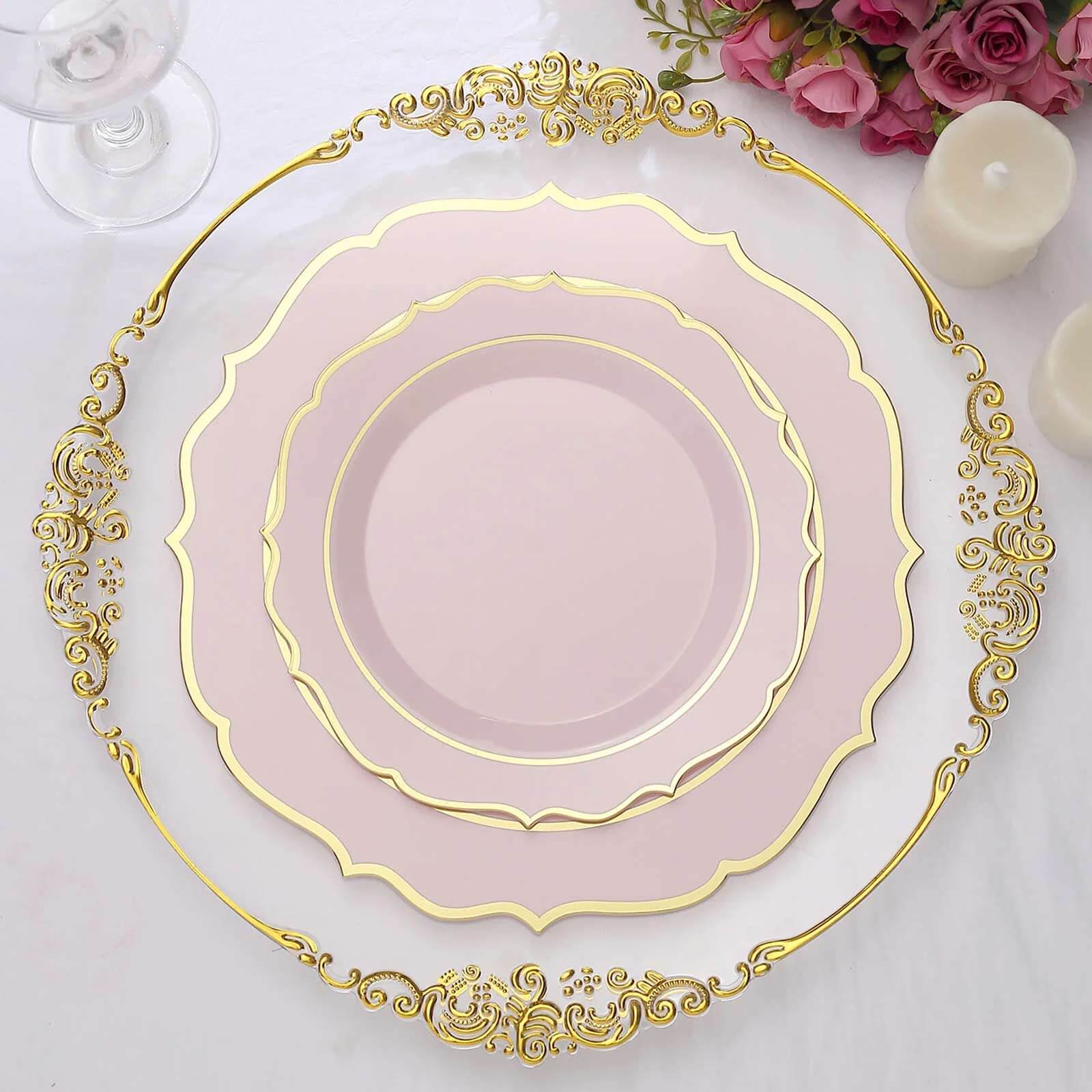 10 - Pack Plastic 8" Round Dessert Plates in Blush with Gold Scalloped Rim - Disposable Appetizer/Salad Plates - Bell Racket Store