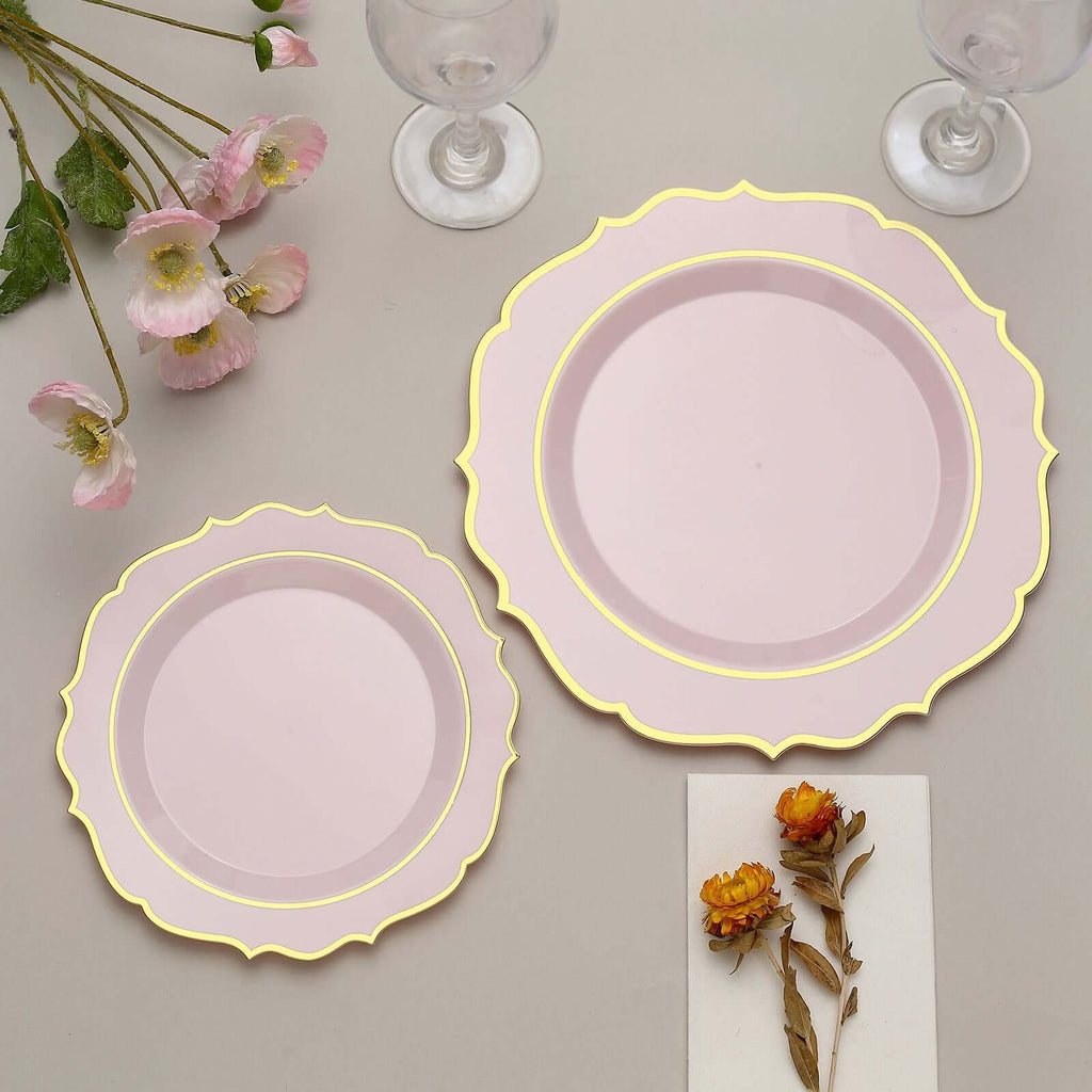 10 - Pack Plastic 8" Round Dessert Plates in Blush with Gold Scalloped Rim - Disposable Appetizer/Salad Plates - Bell Racket Store