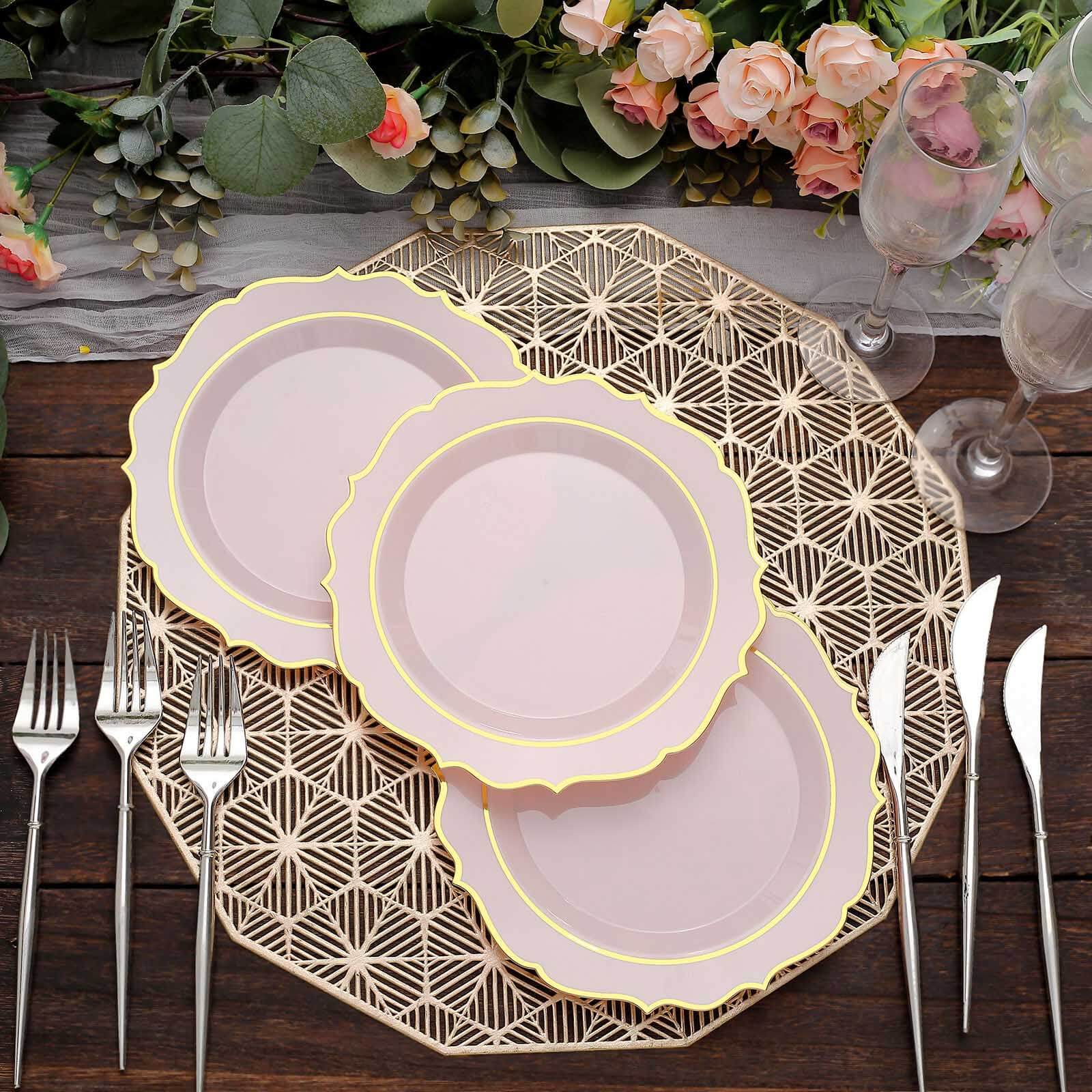 10 - Pack Plastic 8" Round Dessert Plates in Blush with Gold Scalloped Rim - Disposable Appetizer/Salad Plates - Bell Racket Store