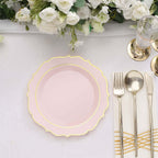 10 - Pack Plastic 8" Round Dessert Plates in Blush with Gold Scalloped Rim - Disposable Appetizer/Salad Plates - Bell Racket Store