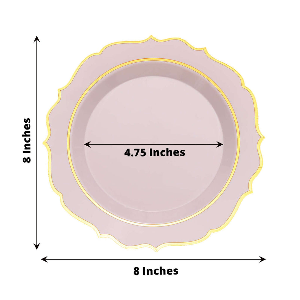 10 - Pack Plastic 8" Round Dessert Plates in Blush with Gold Scalloped Rim - Disposable Appetizer/Salad Plates - Bell Racket Store
